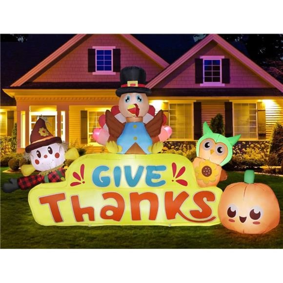 8 Ft Thanksgiving Inflatables Turkey Decoration LED Lighted Turkey Banner